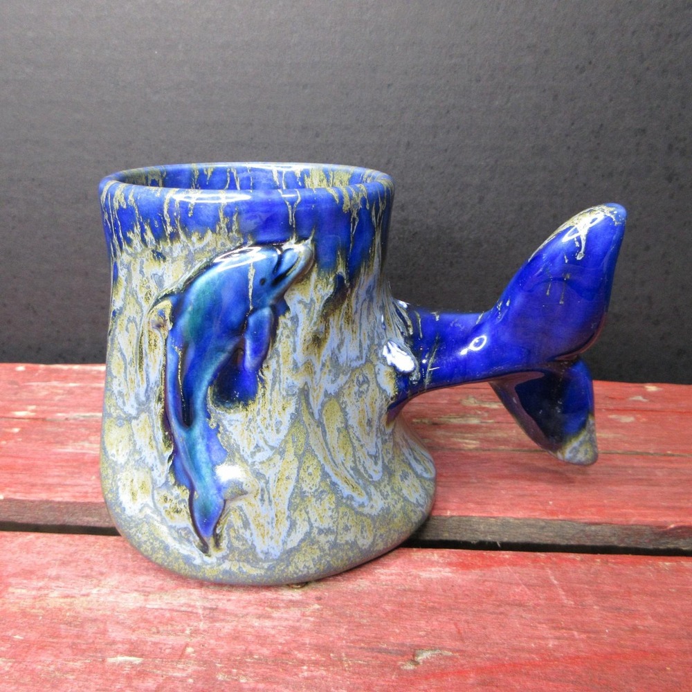 Unique Dolphin Whale Tail Mug Handmade Art Pottery Blue Gold Glaze Ocean Theme